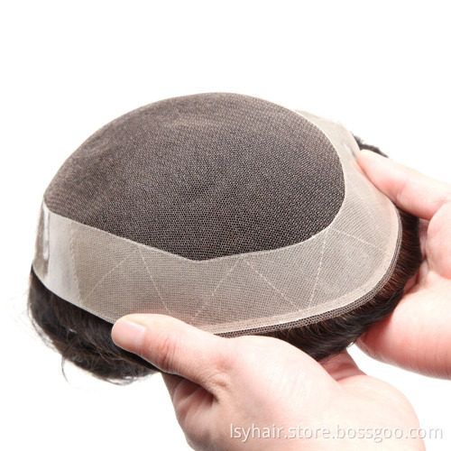 100% Human Hair Toupee For Men With Poly Around,  lace base hair replacement system